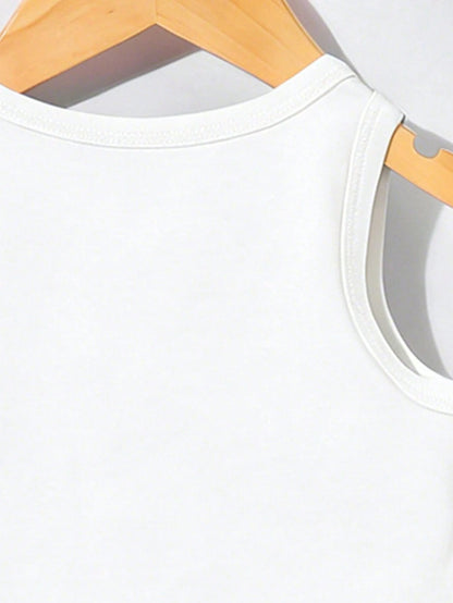 Playful Pals 2pcs Baby Boy Casual Cute Animal Print Vest Top And Solid Color Shorts Set Suitable For Outdoor Wear In Summer Holiday Evening White Burnt Orange