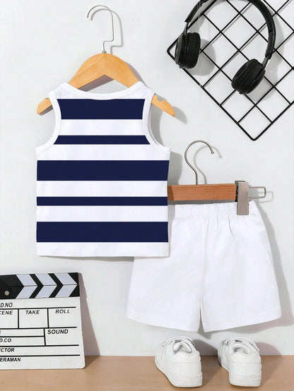 Playful Pals 2pcs Baby Boy Casual Cute Animal Print Vest Top And Solid Color Shorts Set Suitable For Outdoor Wear In Summer Holiday Evening White Burnt Orange