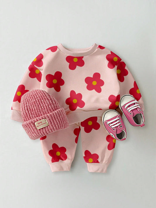Playful Pals 2pcs Baby Girls Casual Fashionable Cute Sweet Floral All-Over Print Pink Crew Neck Sweatshirt And Sweatpants Set, Autumn/Winter Baby Girl Clothes Floral Baby Flower Outfit Fall