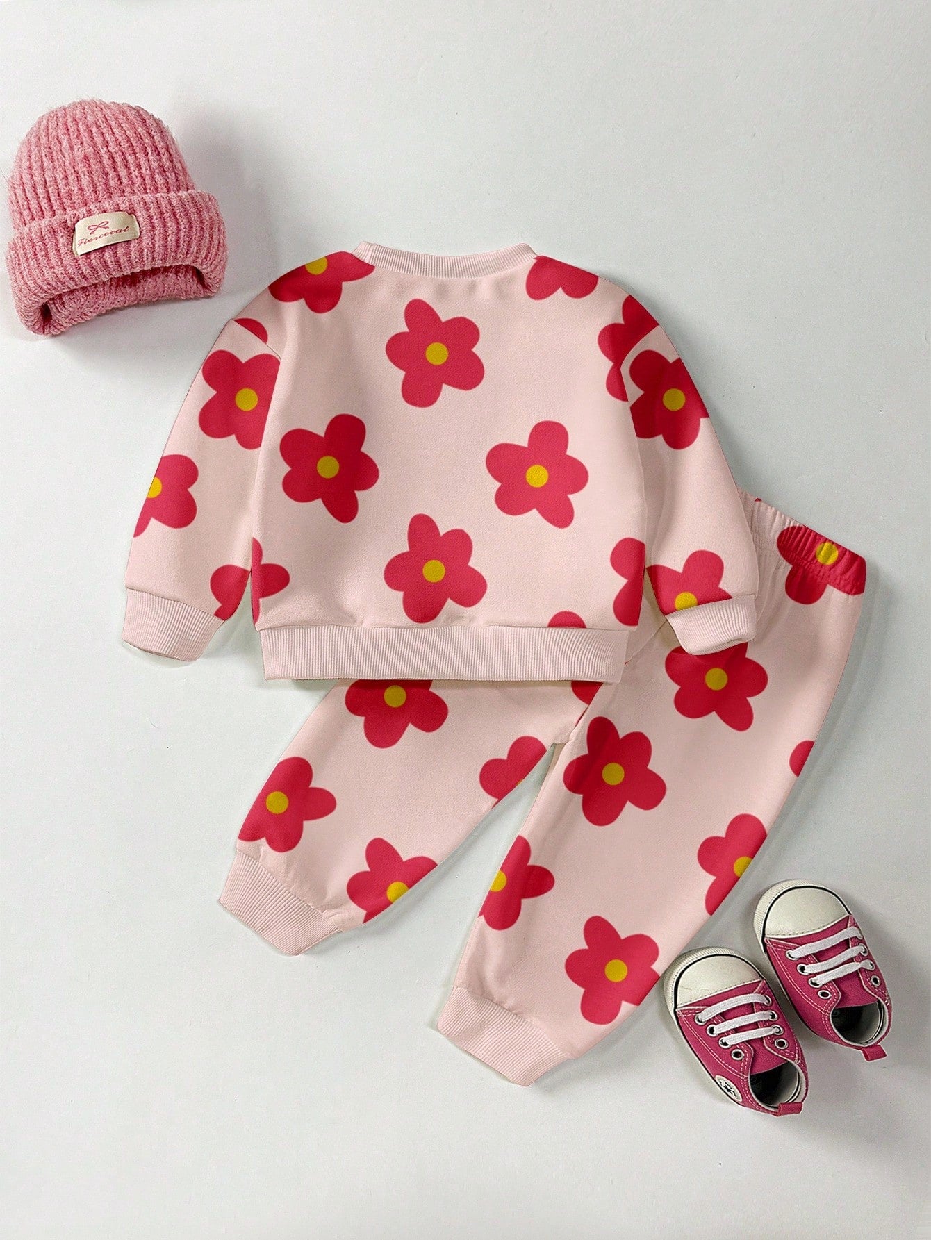 Playful Pals 2pcs Baby Girls Casual Fashionable Cute Sweet Floral All-Over Print Pink Crew Neck Sweatshirt And Sweatpants Set, Autumn/Winter Baby Girl Clothes Floral Baby Flower Outfit Fall