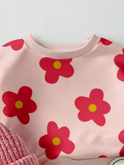 Playful Pals 2pcs Baby Girls Casual Fashionable Cute Sweet Floral All-Over Print Pink Crew Neck Sweatshirt And Sweatpants Set, Autumn/Winter Baby Girl Clothes Floral Baby Flower Outfit Fall