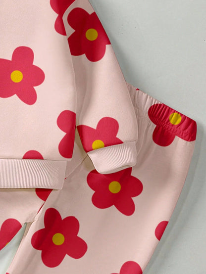 Playful Pals 2pcs Baby Girls Casual Fashionable Cute Sweet Floral All-Over Print Pink Crew Neck Sweatshirt And Sweatpants Set, Autumn/Winter Baby Girl Clothes Floral Baby Flower Outfit Fall