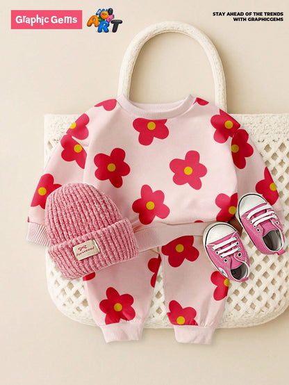 Playful Pals 2pcs Baby Girls Casual Fashionable Cute Sweet Floral All-Over Print Pink Crew Neck Sweatshirt And Sweatpants Set, Autumn/Winter Baby Girl Clothes Floral Baby Flower Outfit Fall