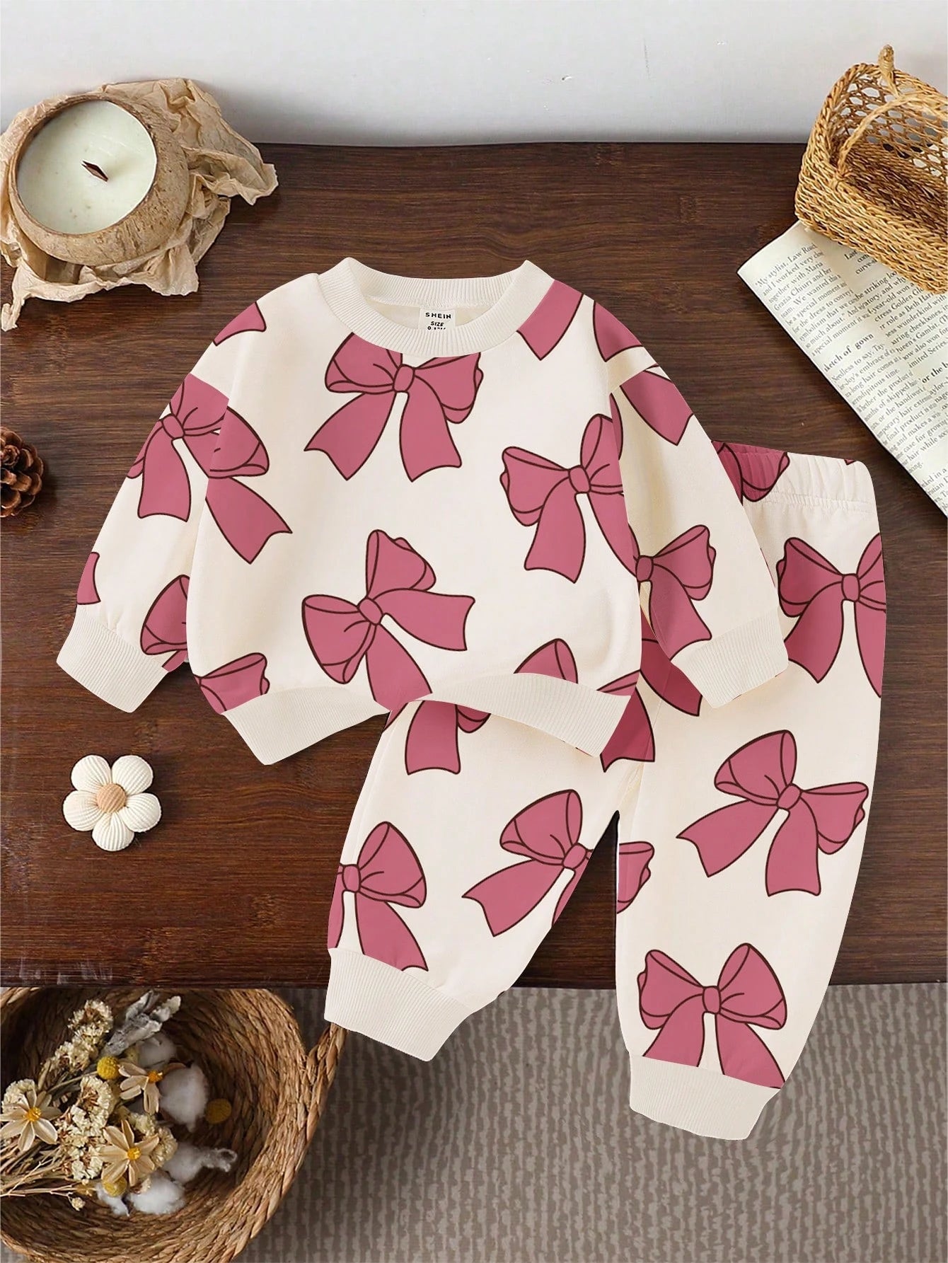 Playful Pals 2pcs Baby Girls Casual Fashionable Cute Sweet Floral All-Over Print Pink Crew Neck Sweatshirt And Sweatpants Set, Autumn/Winter Baby Girl Clothes Floral Baby Flower Outfit Fall