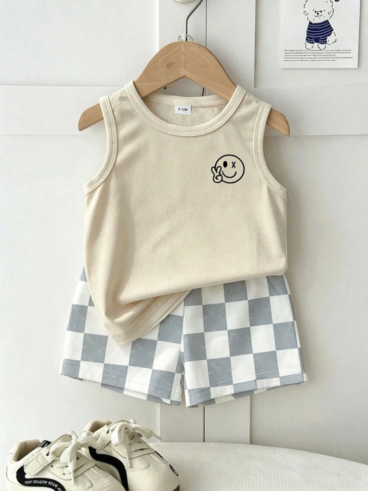 Playful Pals 2pcs Baby & Toddler Outfit Set: Fashionable Minimalist Fruit & English Letter Print Tank Top With Plaid Shorts, Fresh Minimalist Summer Pink Coconut