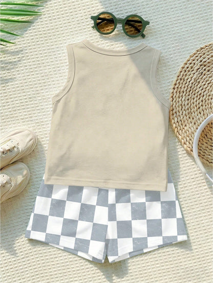 Playful Pals 2pcs Baby & Toddler Outfit Set: Fashionable Minimalist Fruit & English Letter Print Tank Top With Plaid Shorts, Fresh Minimalist Summer Pink Coconut