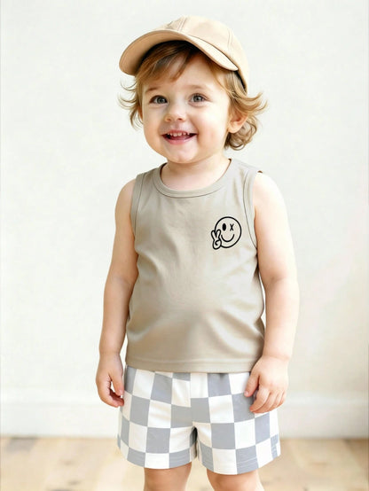 Playful Pals 2pcs Baby & Toddler Outfit Set: Fashionable Minimalist Fruit & English Letter Print Tank Top With Plaid Shorts, Fresh Minimalist Summer Pink Coconut