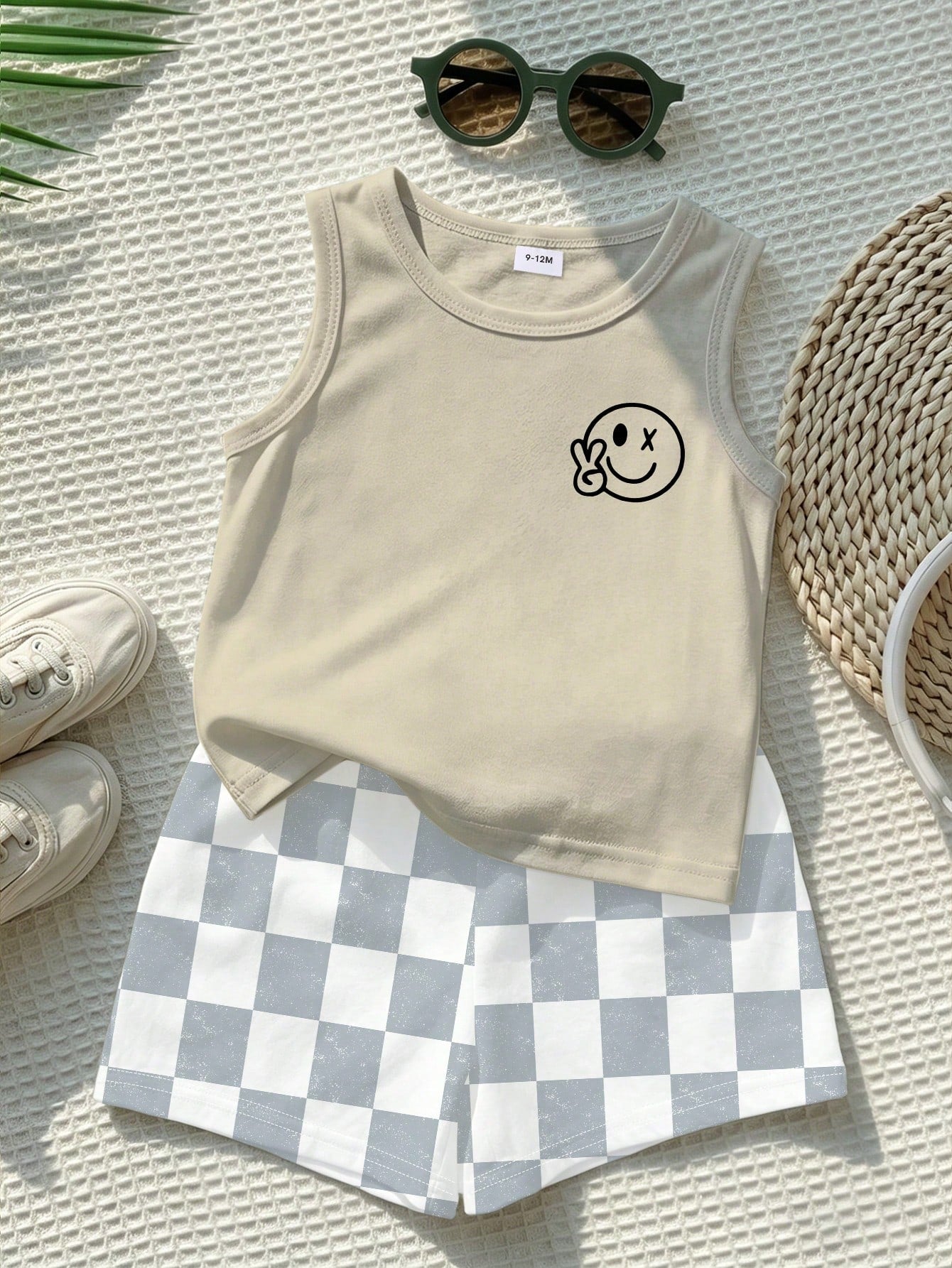 Playful Pals 2pcs Baby & Toddler Outfit Set: Fashionable Minimalist Fruit & English Letter Print Tank Top With Plaid Shorts, Fresh Minimalist Summer Pink Coconut