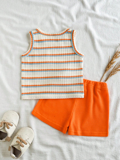 Playful Pals 2pcs Baby & Toddler Outfit Set: Fashionable Minimalist Fruit & English Letter Print Tank Top With Plaid Shorts, Fresh Minimalist Summer Pink Coconut
