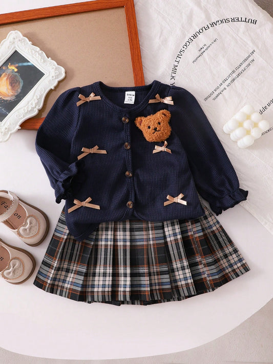 Playful Pals 2pcs/Set Girls Spring/Autumn New Cartoon Cute 3D Bear Cardigan Top + Plaid Pleated Skirt, Baby Girl Outfit