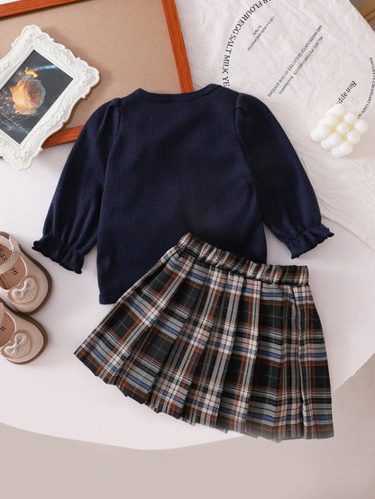 Playful Pals 2pcs/Set Girls Spring/Autumn New Cartoon Cute 3D Bear Cardigan Top + Plaid Pleated Skirt, Baby Girl Outfit