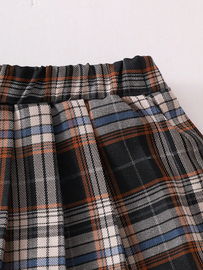 Playful Pals 2pcs/Set Girls Spring/Autumn New Cartoon Cute 3D Bear Cardigan Top + Plaid Pleated Skirt, Baby Girl Outfit