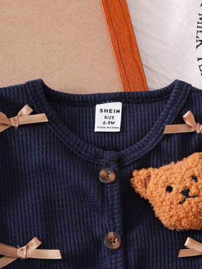 Playful Pals 2pcs/Set Girls Spring/Autumn New Cartoon Cute 3D Bear Cardigan Top + Plaid Pleated Skirt, Baby Girl Outfit
