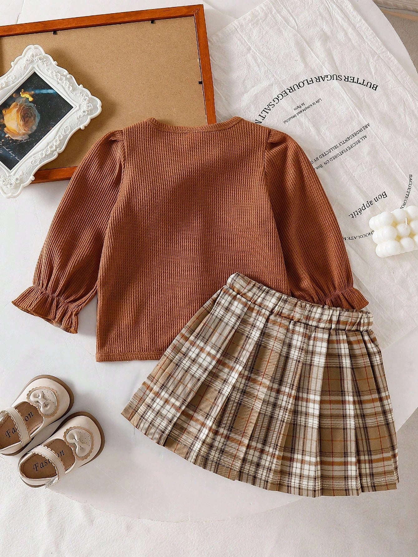 Playful Pals 2pcs/Set Girls Spring/Autumn New Cartoon Cute 3D Bear Cardigan Top + Plaid Pleated Skirt, Baby Girl Outfit