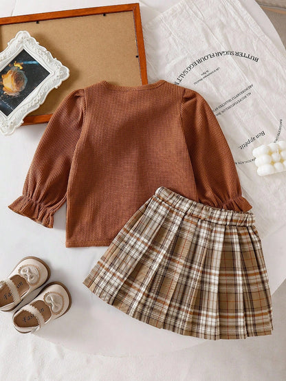 Playful Pals 2pcs/Set Girls Spring/Autumn New Cartoon Cute 3D Bear Cardigan Top + Plaid Pleated Skirt, Baby Girl Outfit