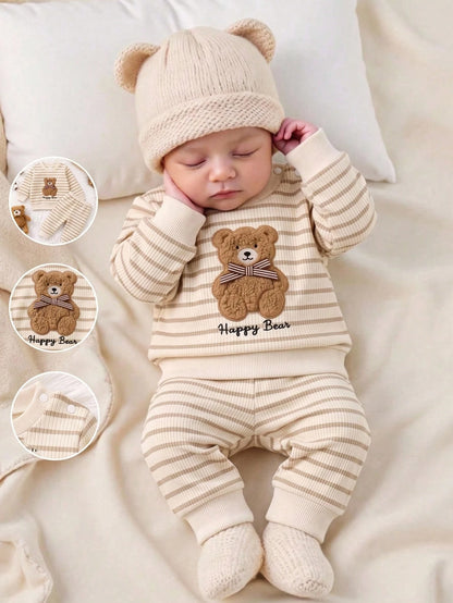 Playful Pals 2pcs/Set Newborn Baby Boy Apricot Khaki Knitted Ribbed Striped Crew Neck Long Sleeve Pants Casual Cute Bear Embroidery Bow Decor Vintage Fashion Korean Style Minimalist Outfit, Suit