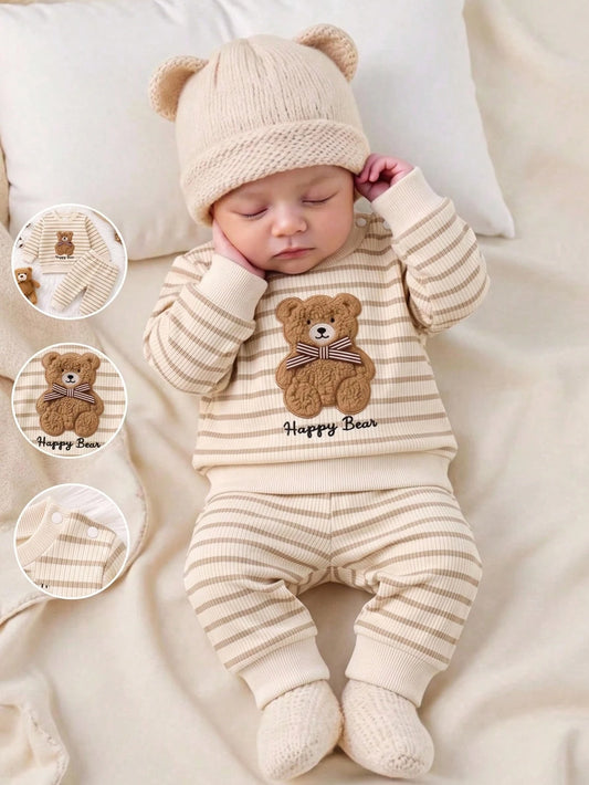 Playful Pals 2pcs/Set Newborn Baby Boy Apricot Khaki Knitted Ribbed Striped Crew Neck Long Sleeve Pants Casual Cute Bear Embroidery Bow Decor Vintage Fashion Korean Style Minimalist Outfit, Suit