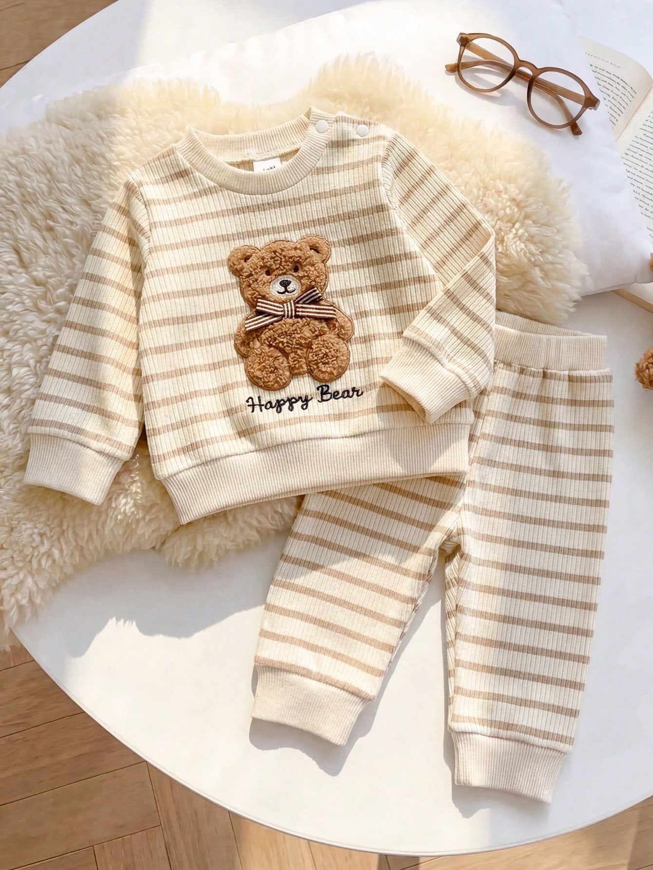Playful Pals 2pcs/Set Newborn Baby Boy Apricot Khaki Knitted Ribbed Striped Crew Neck Long Sleeve Pants Casual Cute Bear Embroidery Bow Decor Vintage Fashion Korean Style Minimalist Outfit, Suit