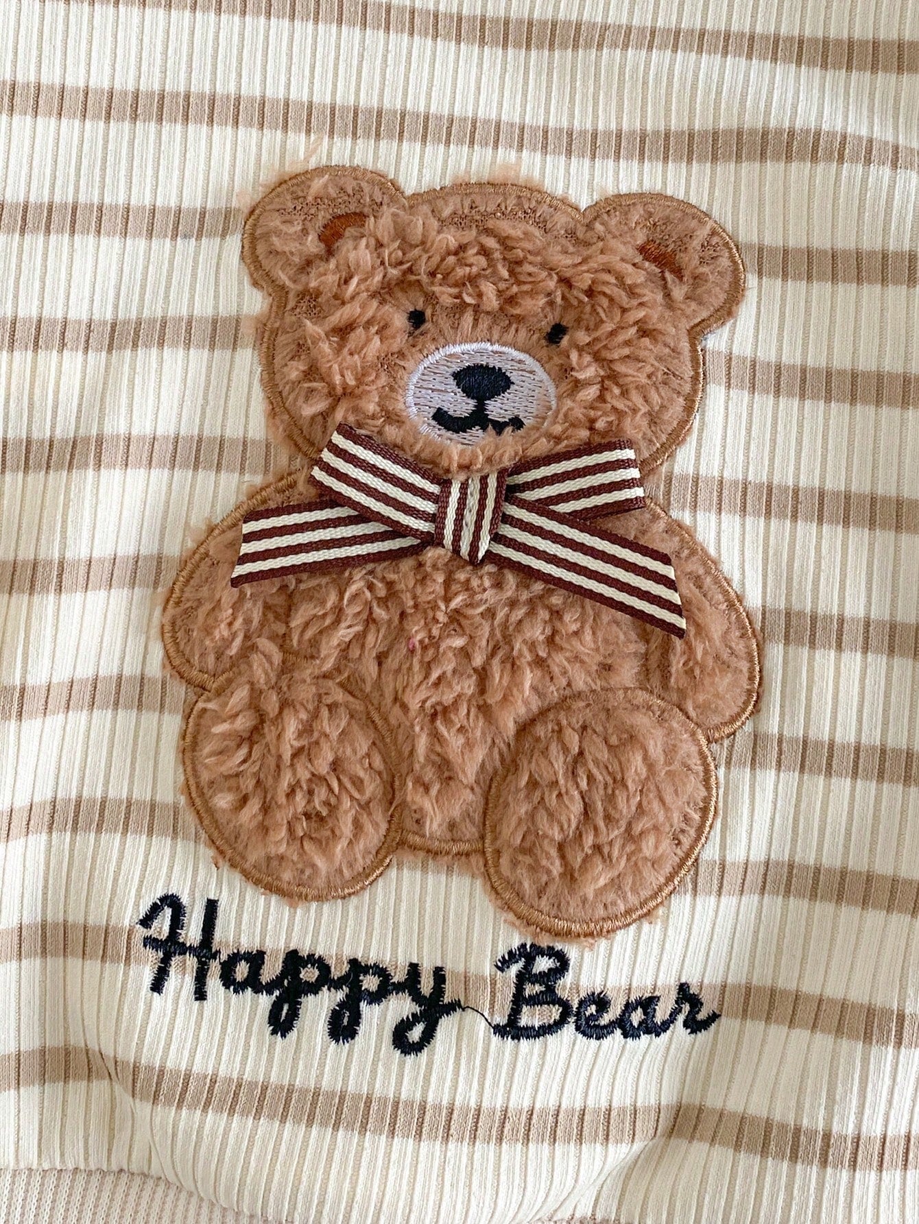 Playful Pals 2pcs/Set Newborn Baby Boy Apricot Khaki Knitted Ribbed Striped Crew Neck Long Sleeve Pants Casual Cute Bear Embroidery Bow Decor Vintage Fashion Korean Style Minimalist Outfit, Suit