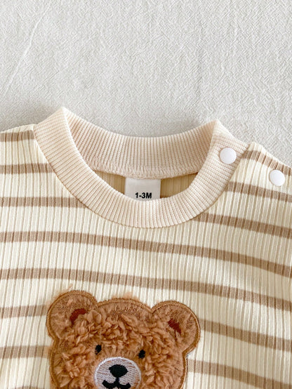 Playful Pals 2pcs/Set Newborn Baby Boy Apricot Khaki Knitted Ribbed Striped Crew Neck Long Sleeve Pants Casual Cute Bear Embroidery Bow Decor Vintage Fashion Korean Style Minimalist Outfit, Suit