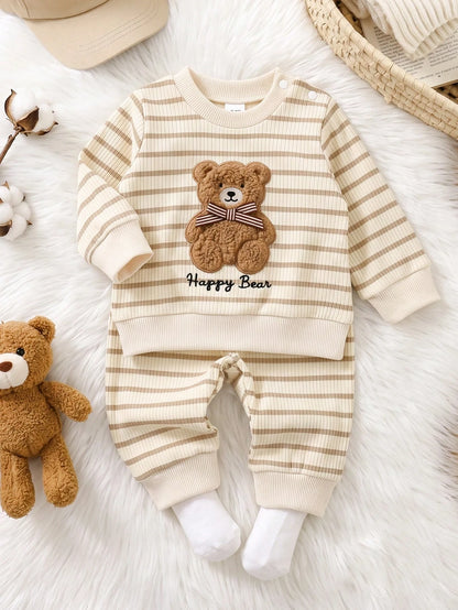 Playful Pals 2pcs/Set Newborn Baby Boy Apricot Khaki Knitted Ribbed Striped Crew Neck Long Sleeve Pants Casual Cute Bear Embroidery Bow Decor Vintage Fashion Korean Style Minimalist Outfit, Suit