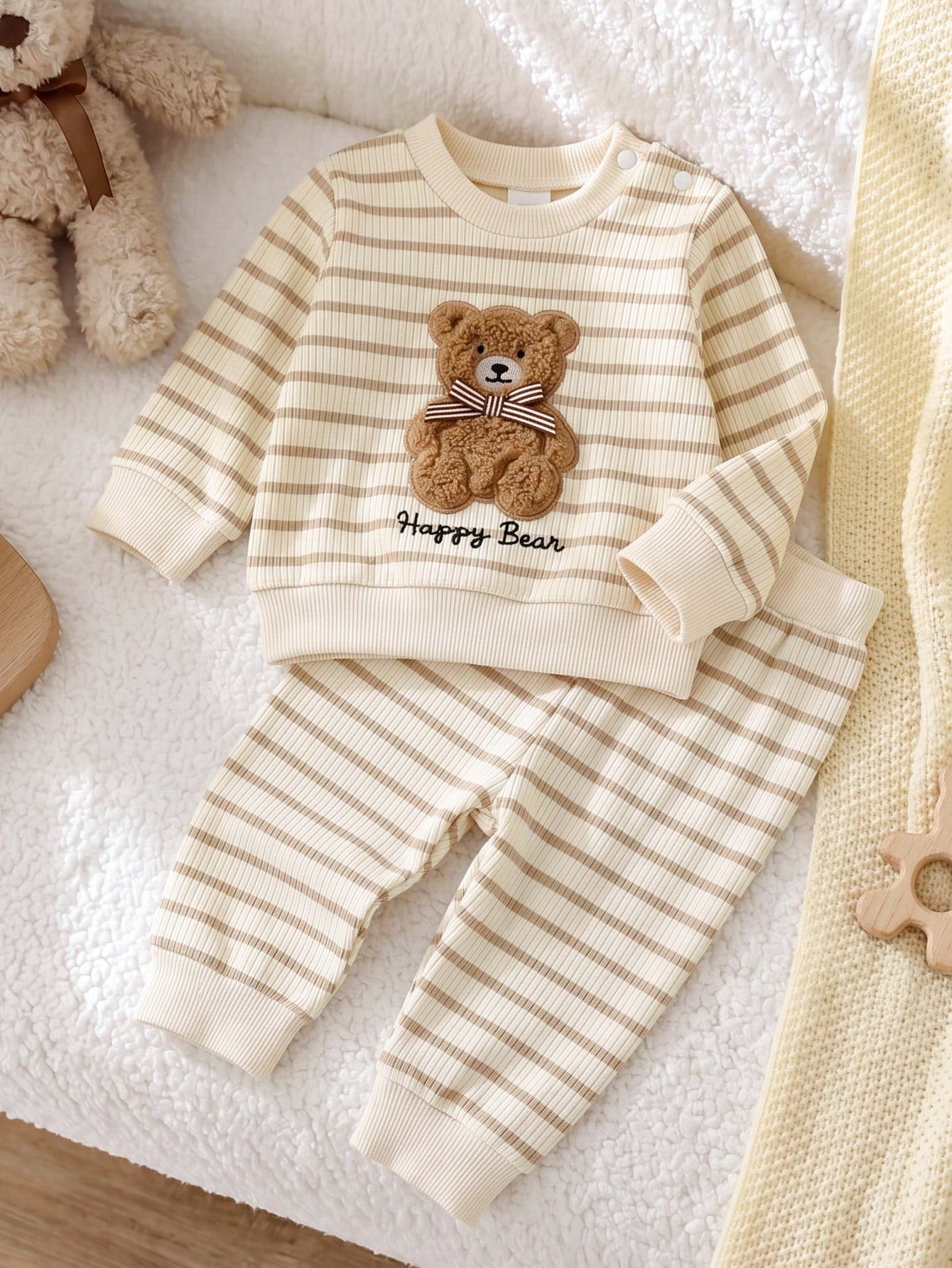 Playful Pals 2pcs/Set Newborn Baby Boy Apricot Khaki Knitted Ribbed Striped Crew Neck Long Sleeve Pants Casual Cute Bear Embroidery Bow Decor Vintage Fashion Korean Style Minimalist Outfit, Suit