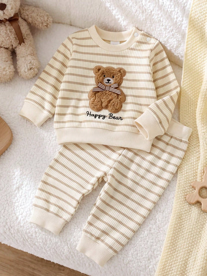 Playful Pals 2pcs/Set Newborn Baby Boy Apricot Khaki Knitted Ribbed Striped Crew Neck Long Sleeve Pants Casual Cute Bear Embroidery Bow Decor Vintage Fashion Korean Style Minimalist Outfit, Suit