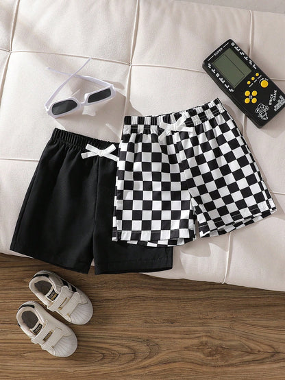 Playful Pals 2pcs/Set Toddler Boys' Casual Black & White Plaid Shorts, Summer