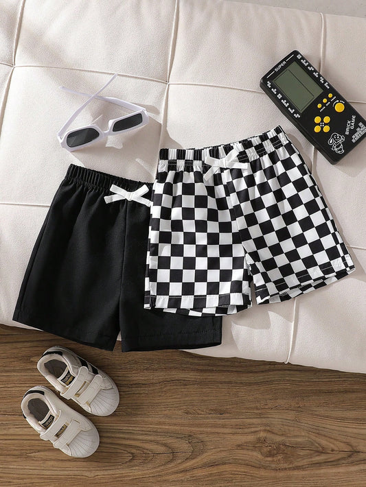 Playful Pals 2pcs/Set Toddler Boys' Casual Black & White Plaid Shorts, Summer