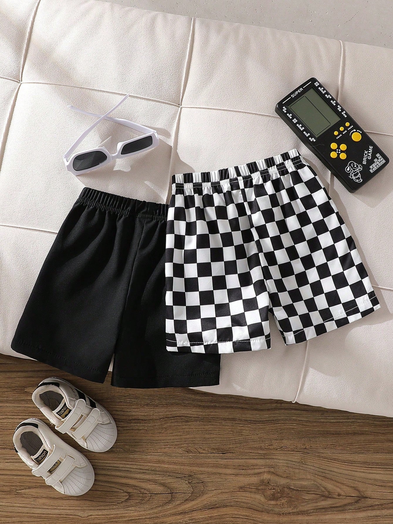 Playful Pals 2pcs/Set Toddler Boys' Casual Black & White Plaid Shorts, Summer
