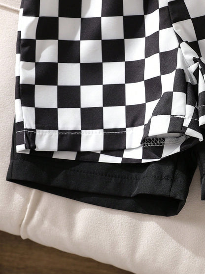 Playful Pals 2pcs/Set Toddler Boys' Casual Black & White Plaid Shorts, Summer