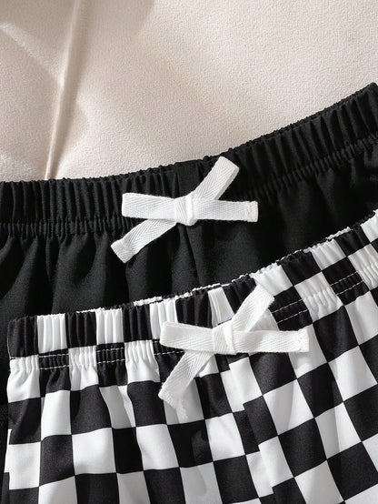 Playful Pals 2pcs/Set Toddler Boys' Casual Black & White Plaid Shorts, Summer