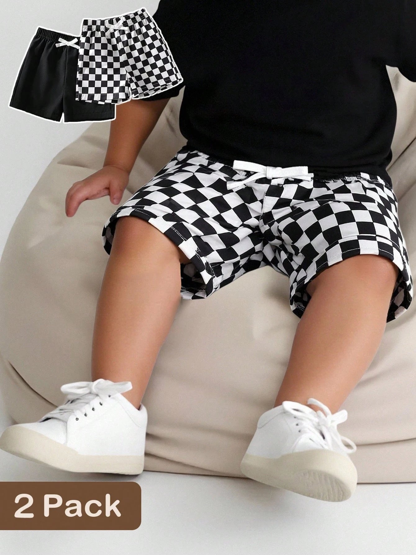 Playful Pals 2pcs/Set Toddler Boys' Casual Black & White Plaid Shorts, Summer
