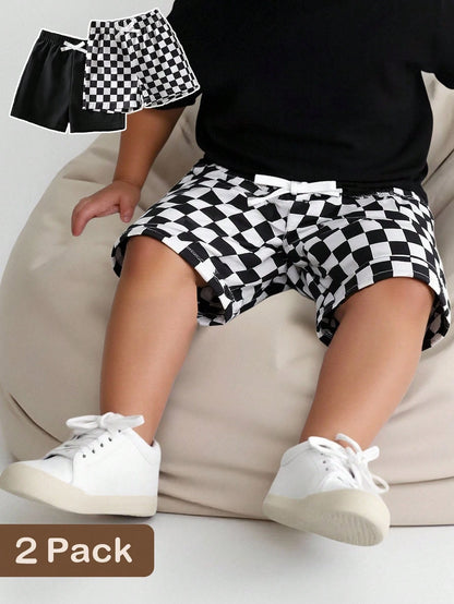 Playful Pals 2pcs/Set Toddler Boys' Casual Black & White Plaid Shorts, Summer