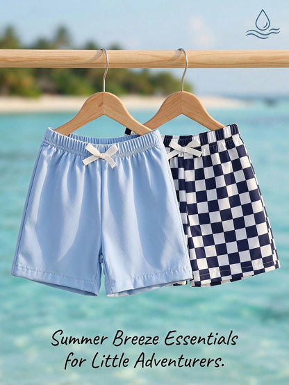 Playful Pals 2pcs/Set Toddler Boys' Casual Black & White Plaid Shorts, Summer