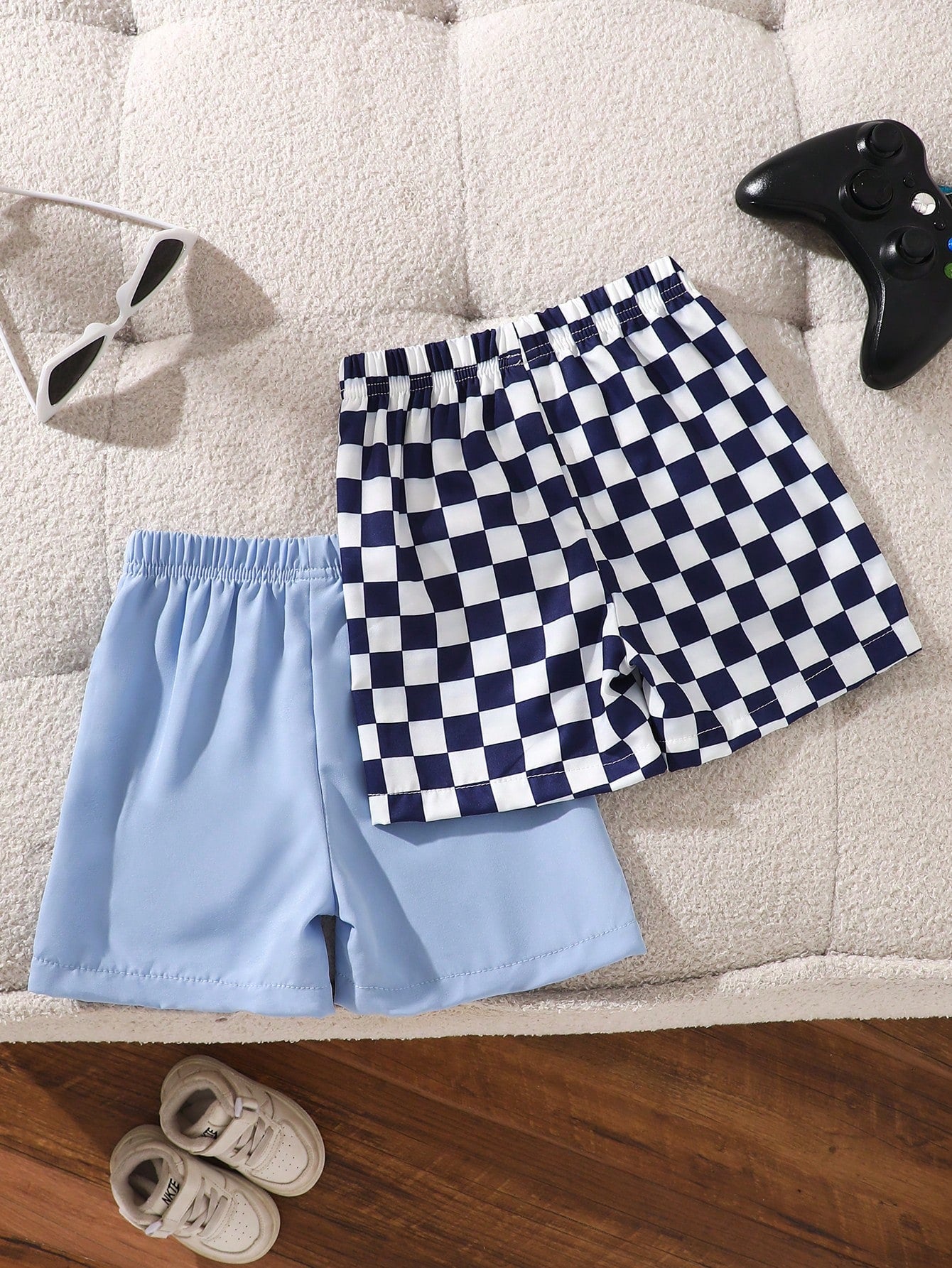 Playful Pals 2pcs/Set Toddler Boys' Casual Black & White Plaid Shorts, Summer