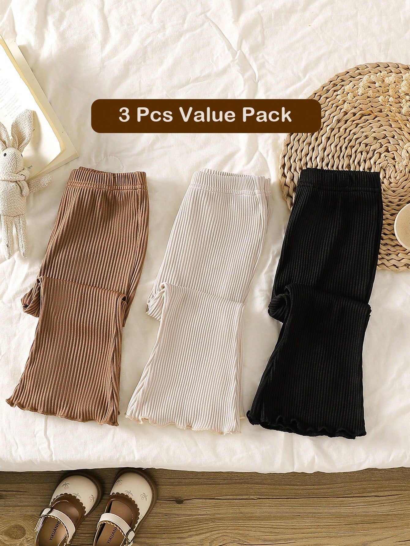 Playful Pals 3pcs/Set Solid Color Long Pants For Baby Girls, Simple & Fashionable, Suitable For Outings, Spring/Autumn, Comfortable &