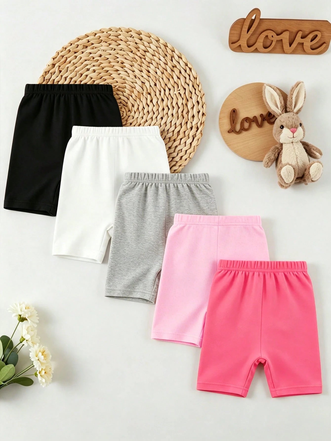 Playful Pals 5pcs/Set Baby Girl Solid Color Elastic Waist Lightweight Shorts,Pink And Black,Summer,Casual,School Daily Wear For 6 Months-3 Years Old