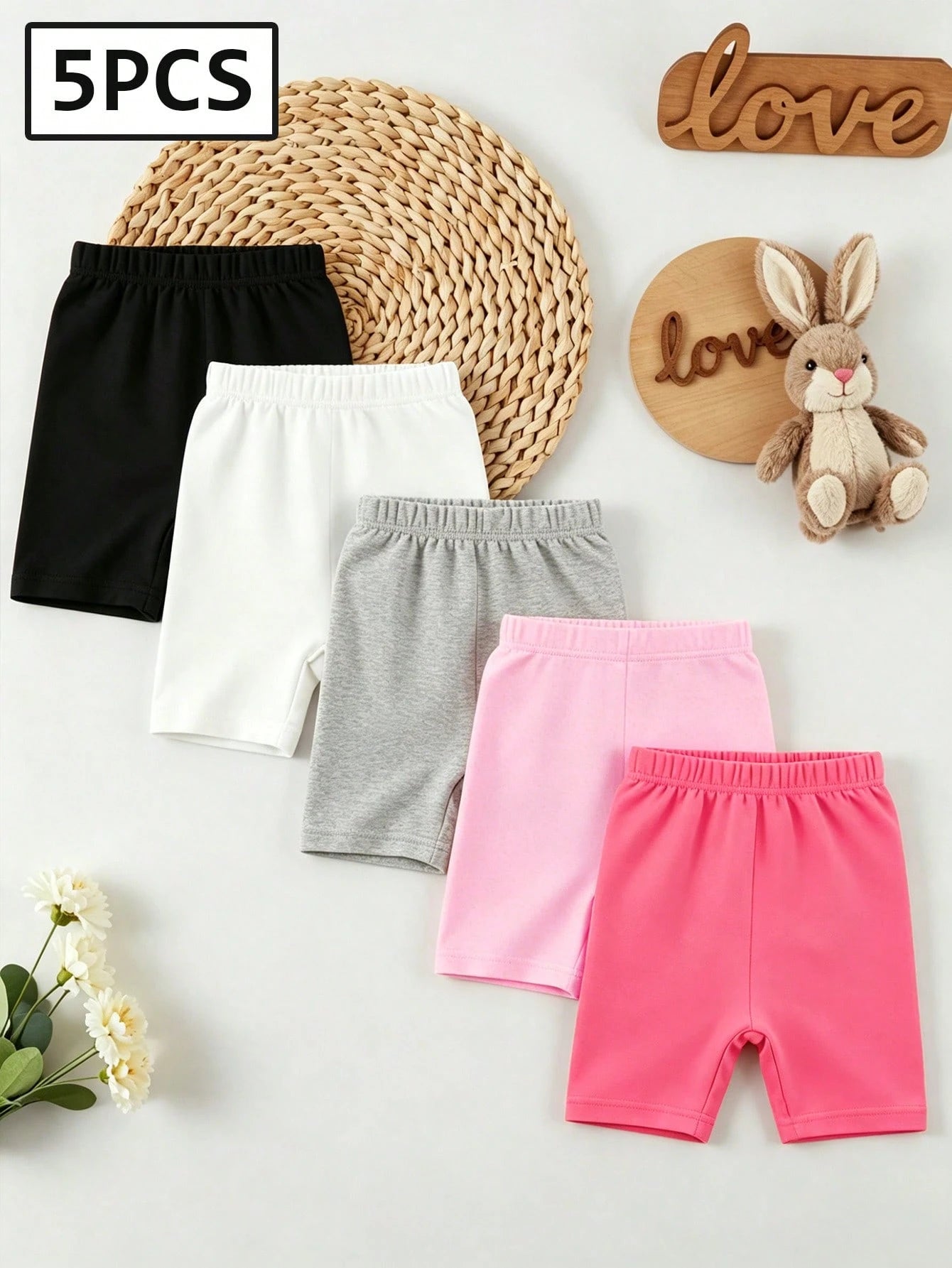 Playful Pals 5pcs/Set Baby Girl Solid Color Elastic Waist Lightweight Shorts,Pink And Black,Summer,Casual,School Daily Wear For 6 Months-3 Years Old