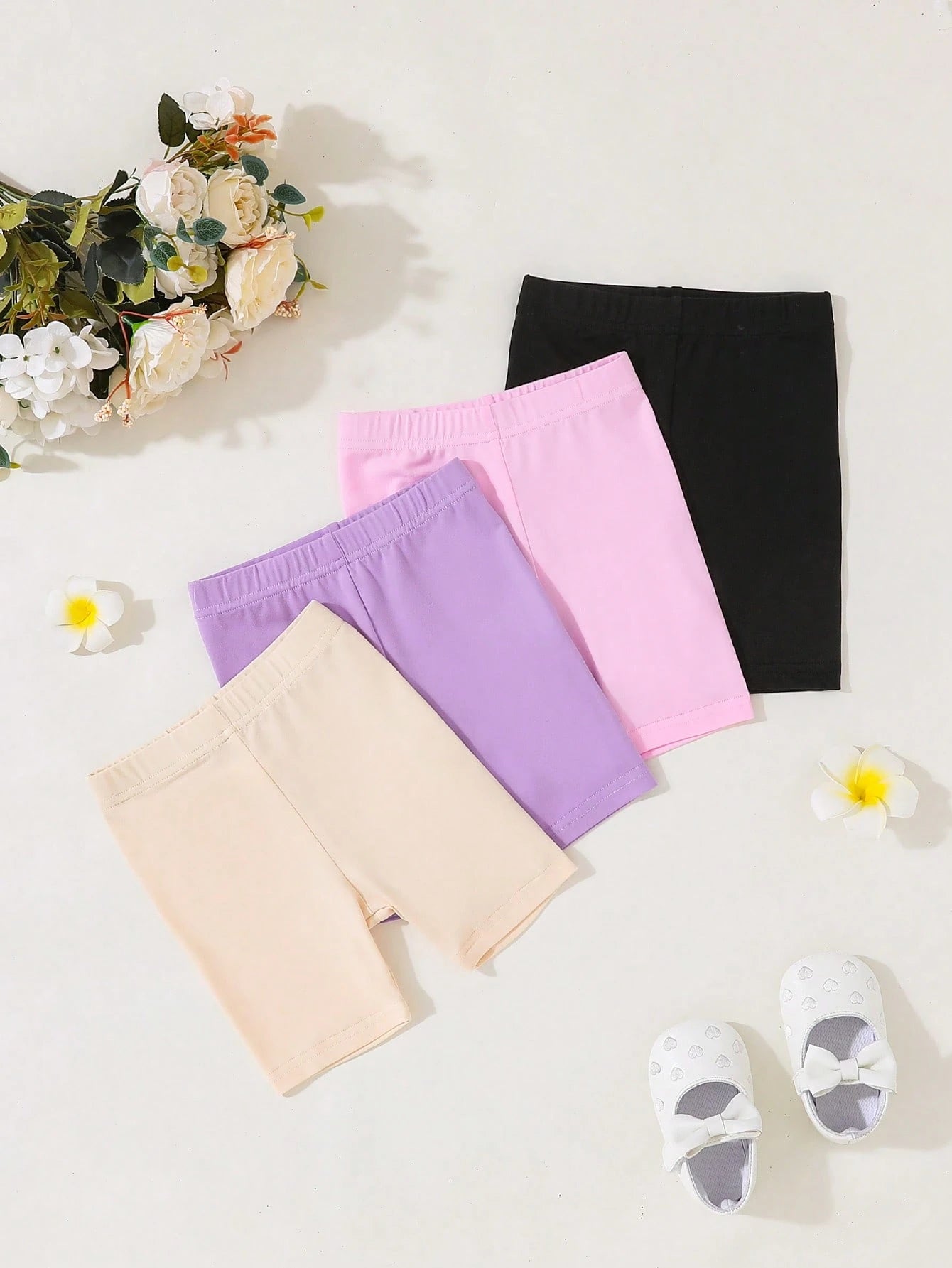 Playful Pals 5pcs/Set Baby Girl Solid Color Elastic Waist Lightweight Shorts,Pink And Black,Summer,Casual,School Daily Wear For 6 Months-3 Years Old