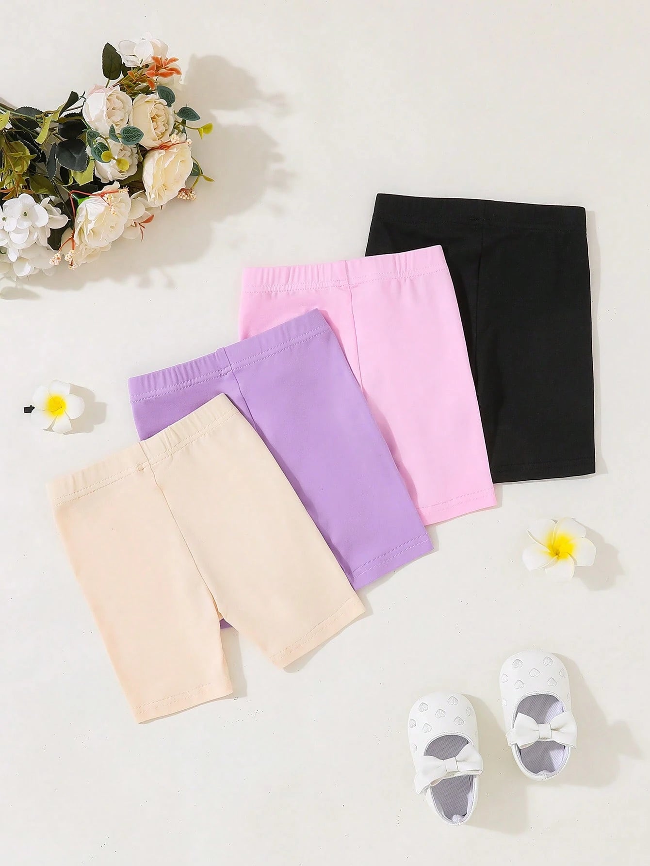 Playful Pals 5pcs/Set Baby Girl Solid Color Elastic Waist Lightweight Shorts,Pink And Black,Summer,Casual,School Daily Wear For 6 Months-3 Years Old
