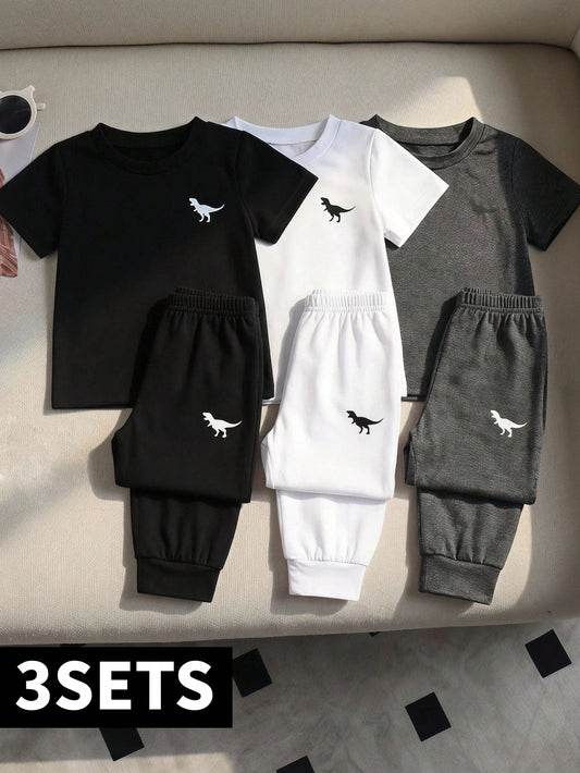 Playful Pals 6pcs Infant Toddler Baby Boys' Dinosaur Print Round Neck Short Sleeve T-Shirt And Pants Casual Outfit Boy Summer Sets Boys Clothes Set