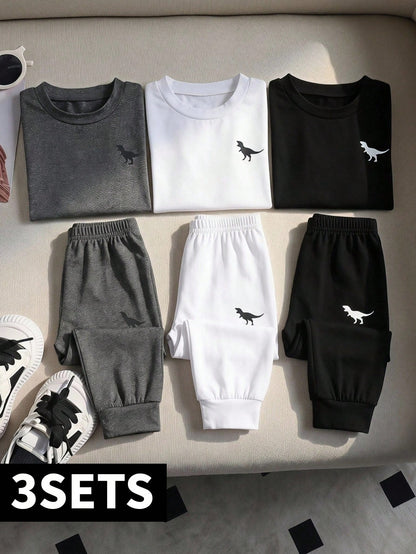 Playful Pals 6pcs Infant Toddler Baby Boys' Dinosaur Print Round Neck Short Sleeve T-Shirt And Pants Casual Outfit Boy Summer Sets Boys Clothes Set