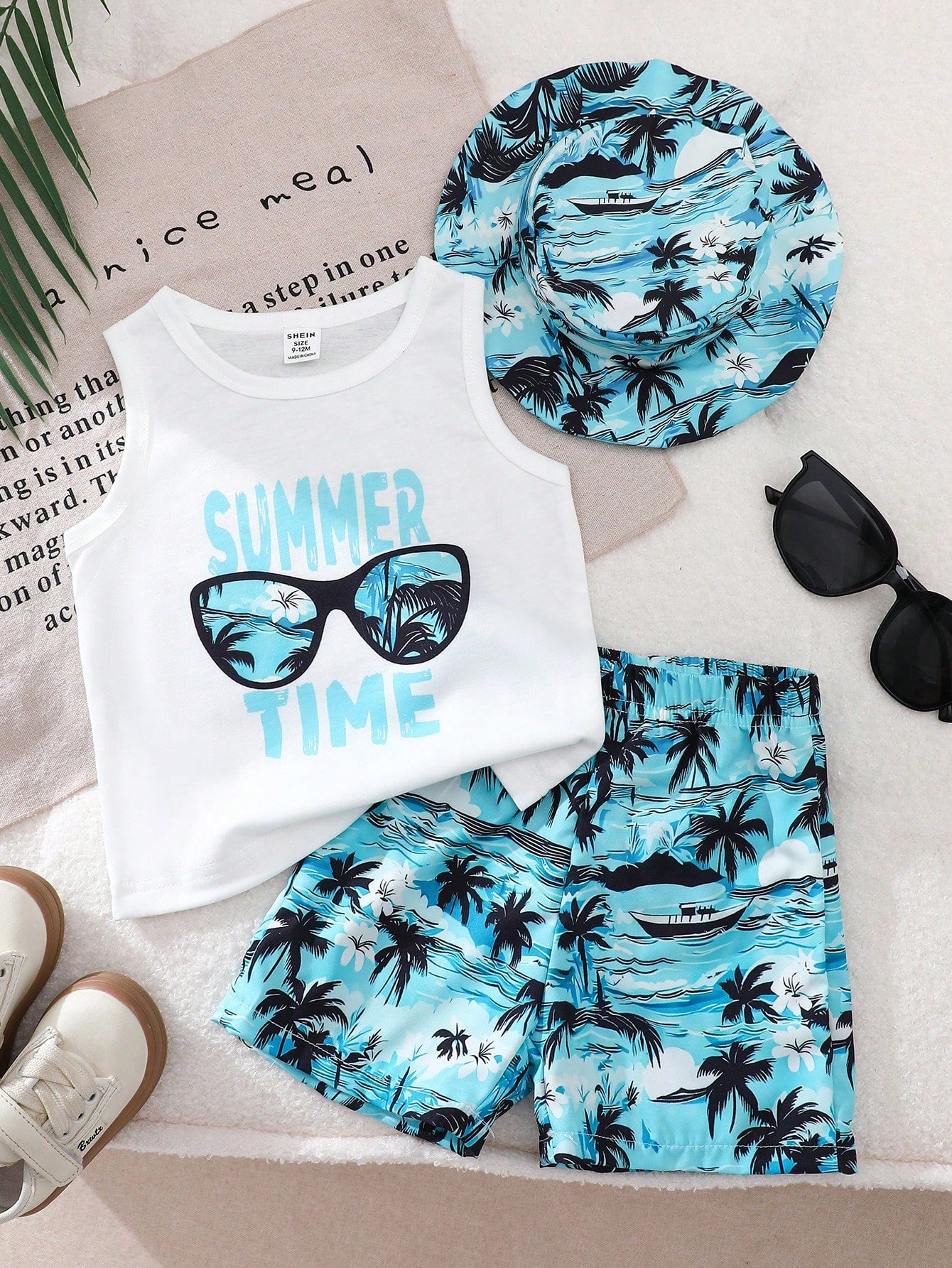 Playful Pals Baby Boy 3-Piece Set Blue White Stripe Summer Casual Tropical Vacation Holiday Letter Print Top Coconut Tree Beach Shorts Matching Hat Toddler Boys