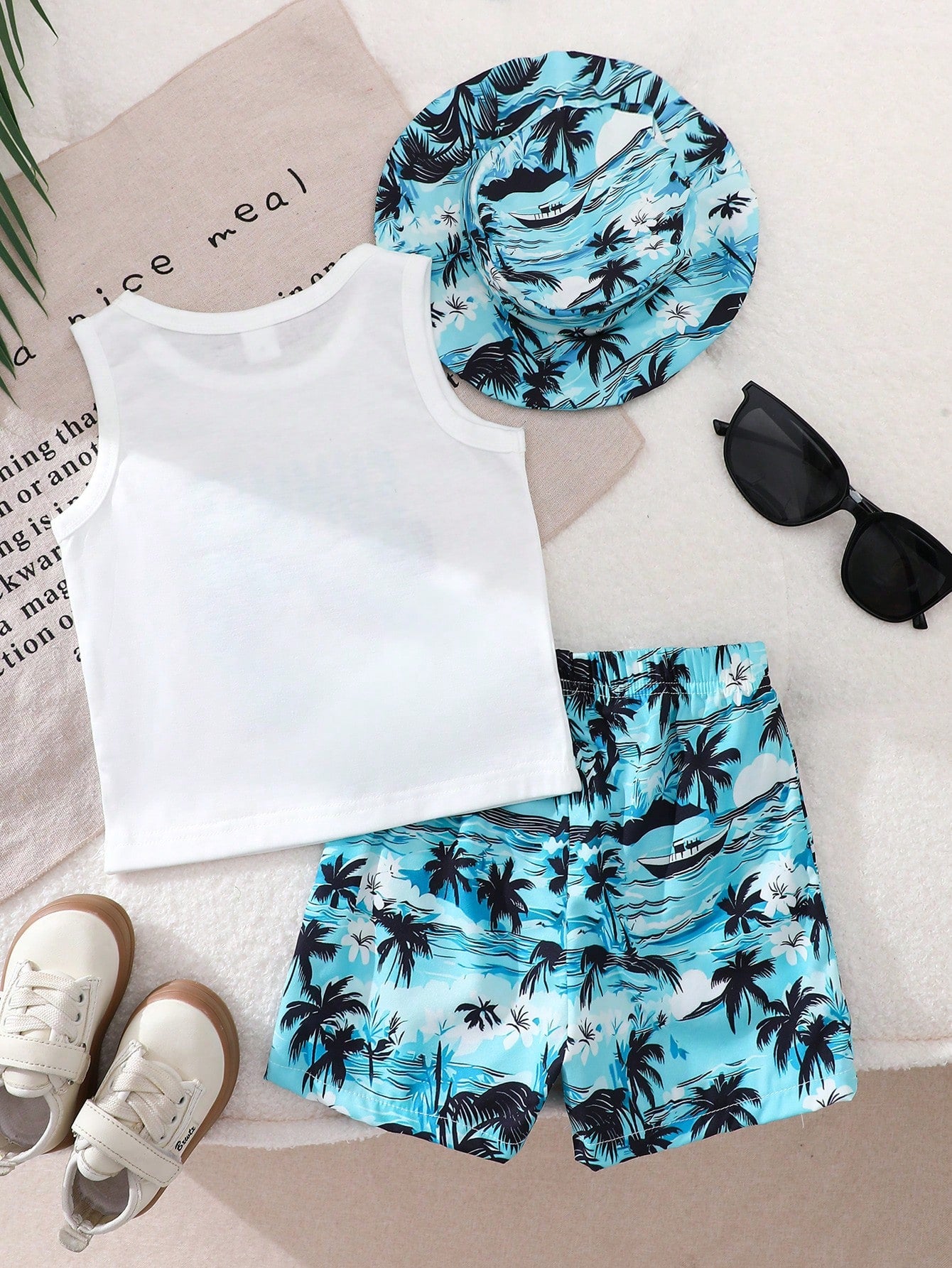 Playful Pals Baby Boy 3-Piece Set Blue White Stripe Summer Casual Tropical Vacation Holiday Letter Print Top Coconut Tree Beach Shorts Matching Hat Toddler Boys