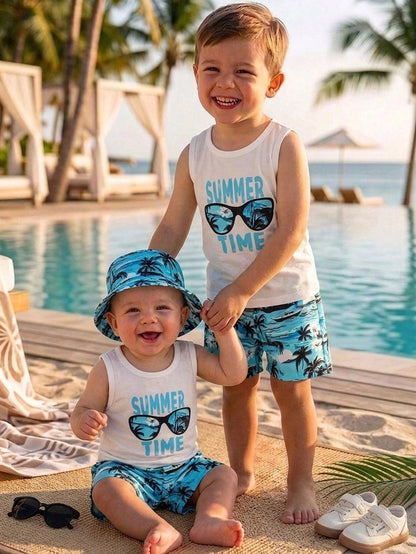 Playful Pals Baby Boy 3-Piece Set Blue White Stripe Summer Casual Tropical Vacation Holiday Letter Print Top Coconut Tree Beach Shorts Matching Hat Toddler Boys