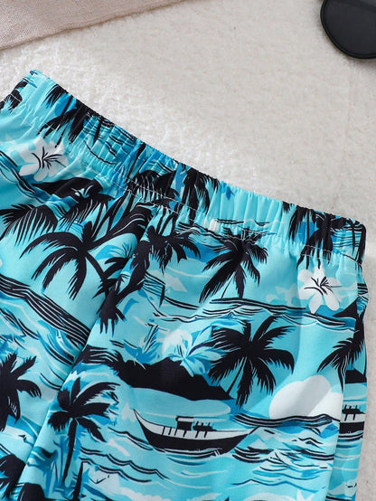 Playful Pals Baby Boy 3-Piece Set Blue White Stripe Summer Casual Tropical Vacation Holiday Letter Print Top Coconut Tree Beach Shorts Matching Hat Toddler Boys