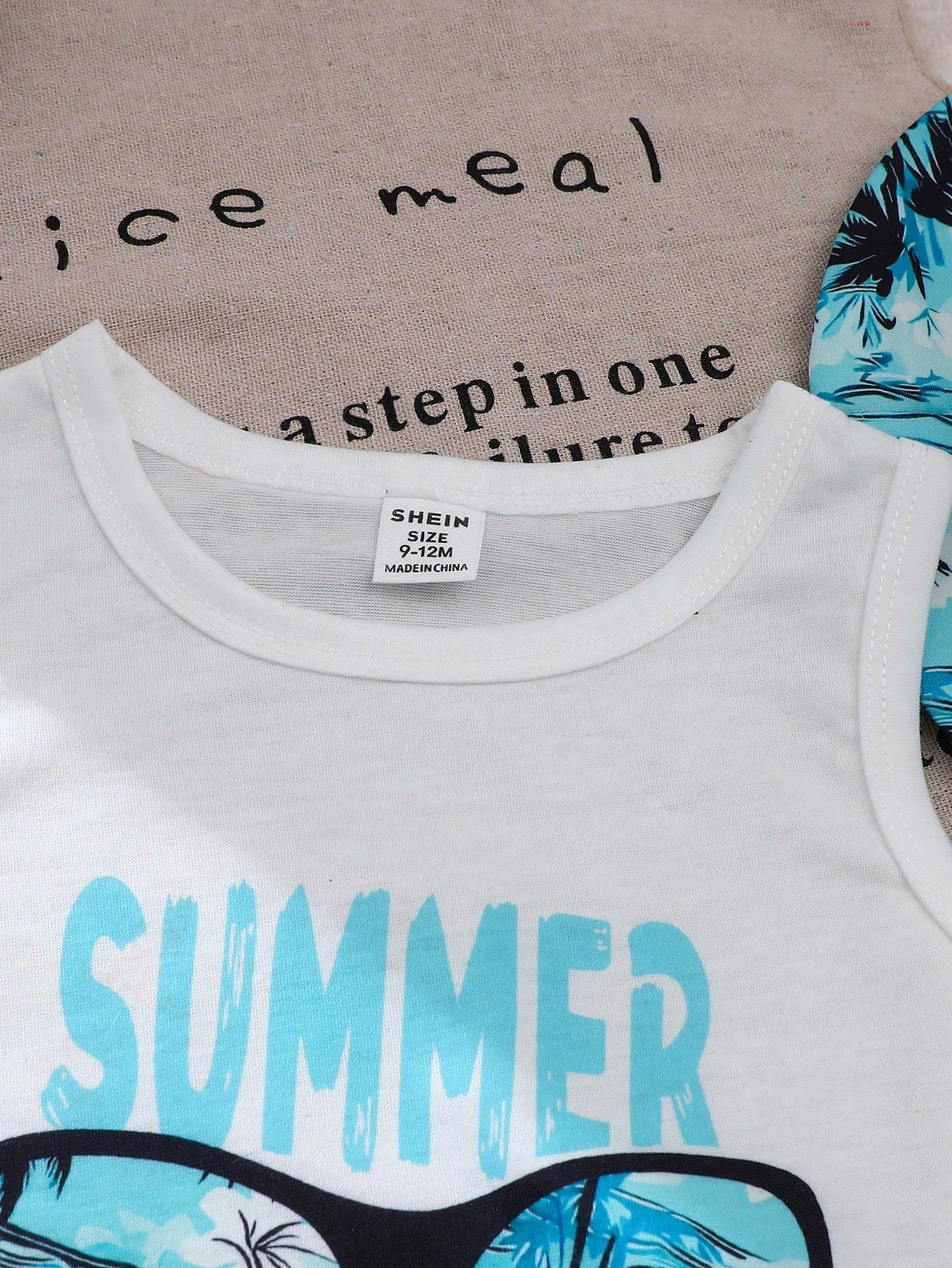 Playful Pals Baby Boy 3-Piece Set Blue White Stripe Summer Casual Tropical Vacation Holiday Letter Print Top Coconut Tree Beach Shorts Matching Hat Toddler Boys