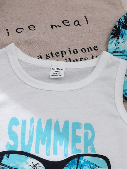 Playful Pals Baby Boy 3-Piece Set Blue White Stripe Summer Casual Tropical Vacation Holiday Letter Print Top Coconut Tree Beach Shorts Matching Hat Toddler Boys