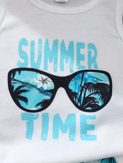 Playful Pals Baby Boy 3-Piece Set Blue White Stripe Summer Casual Tropical Vacation Holiday Letter Print Top Coconut Tree Beach Shorts Matching Hat Toddler Boys